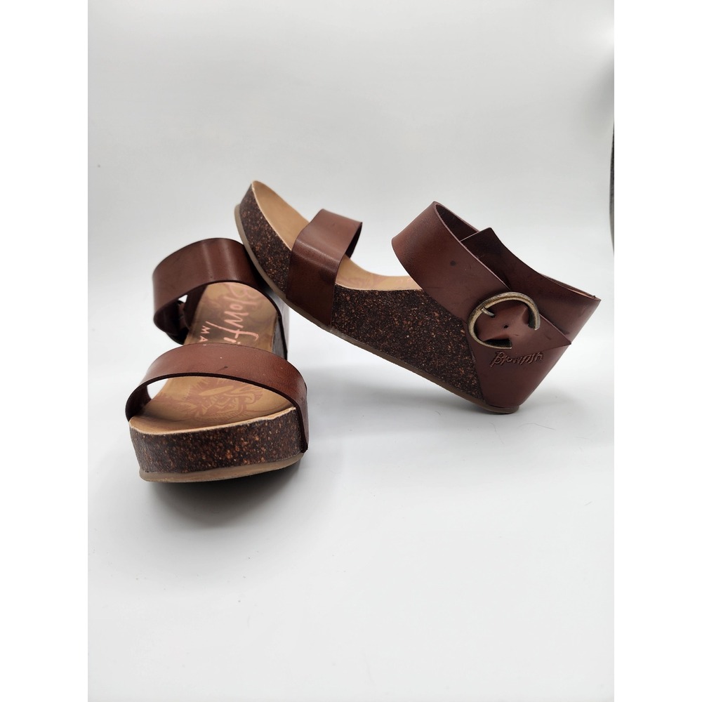 Blowfish Malibu Brown Faux Leather Cork Wedge Sandals Size 7.5